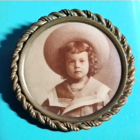 Vintage Jewelry - Antique photo brooch child sailor suit gold tone vintage pin vintage